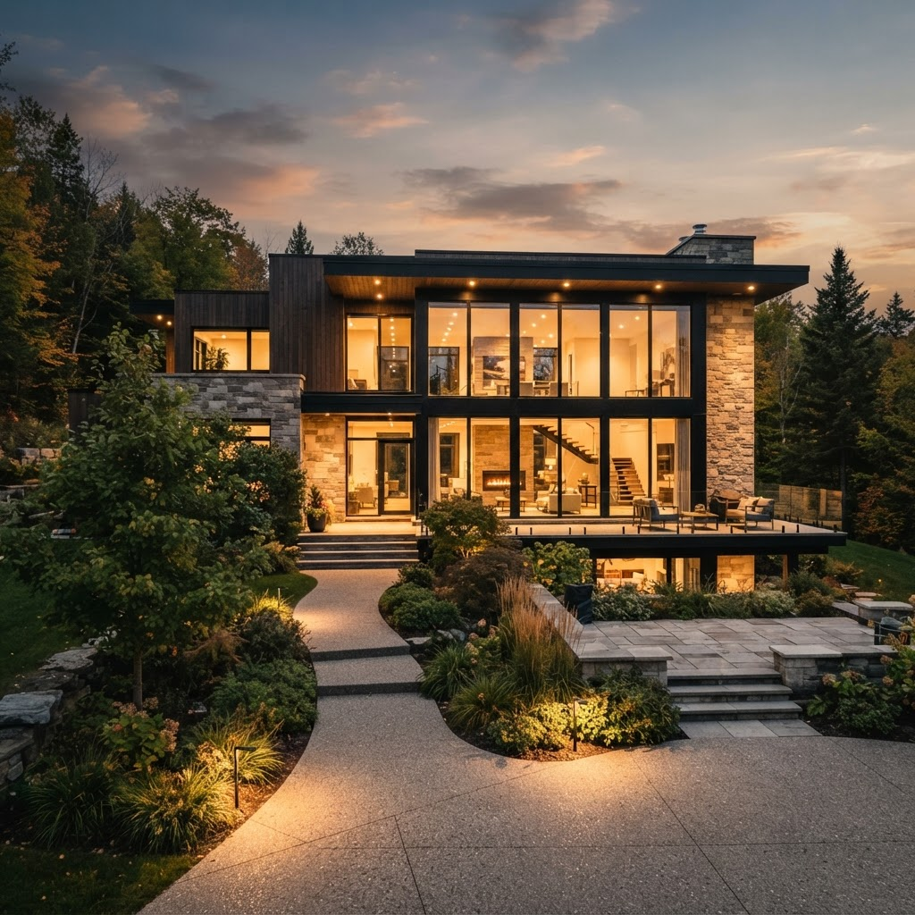 Résidence contemporaine au crépuscule à Laval